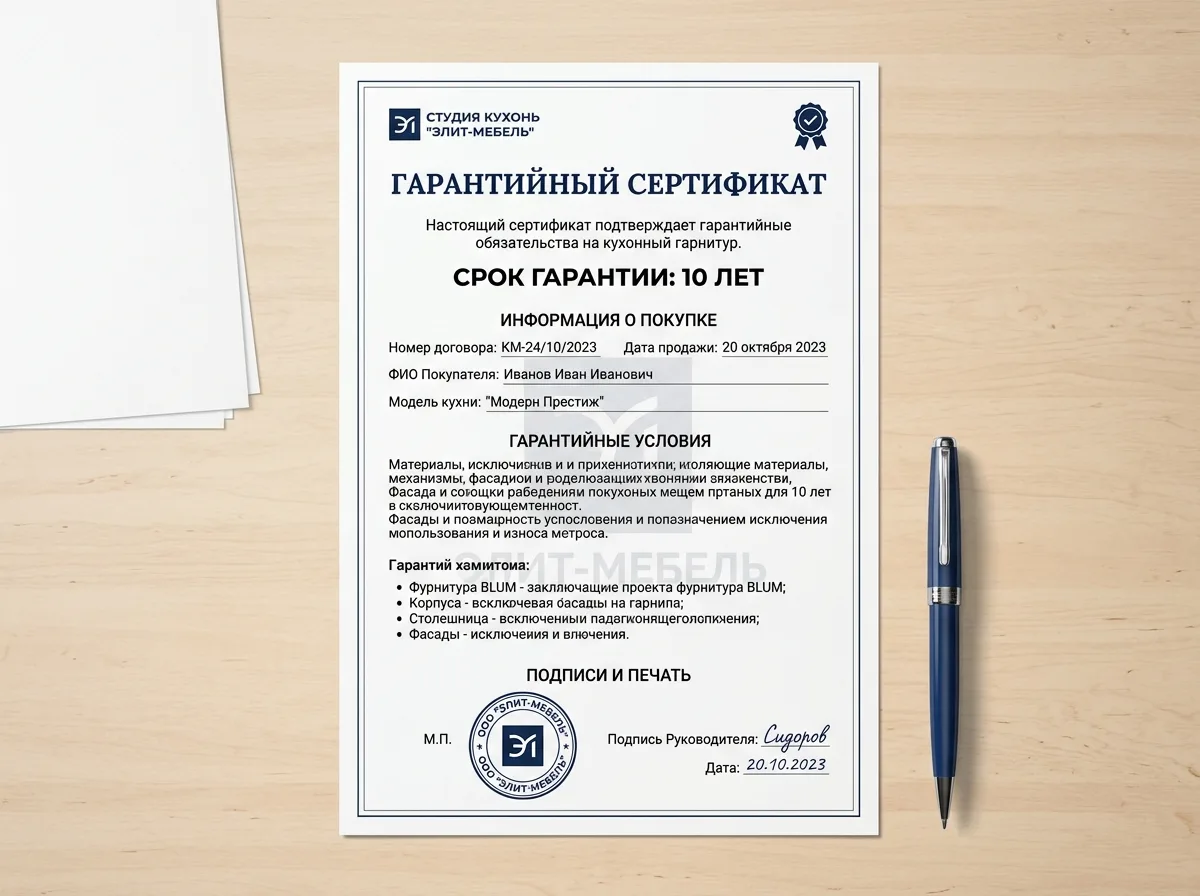 Гарантийный сертификат на кухонный гарнитур — 10 лет, официальный документ, белый фон, деловой стиль