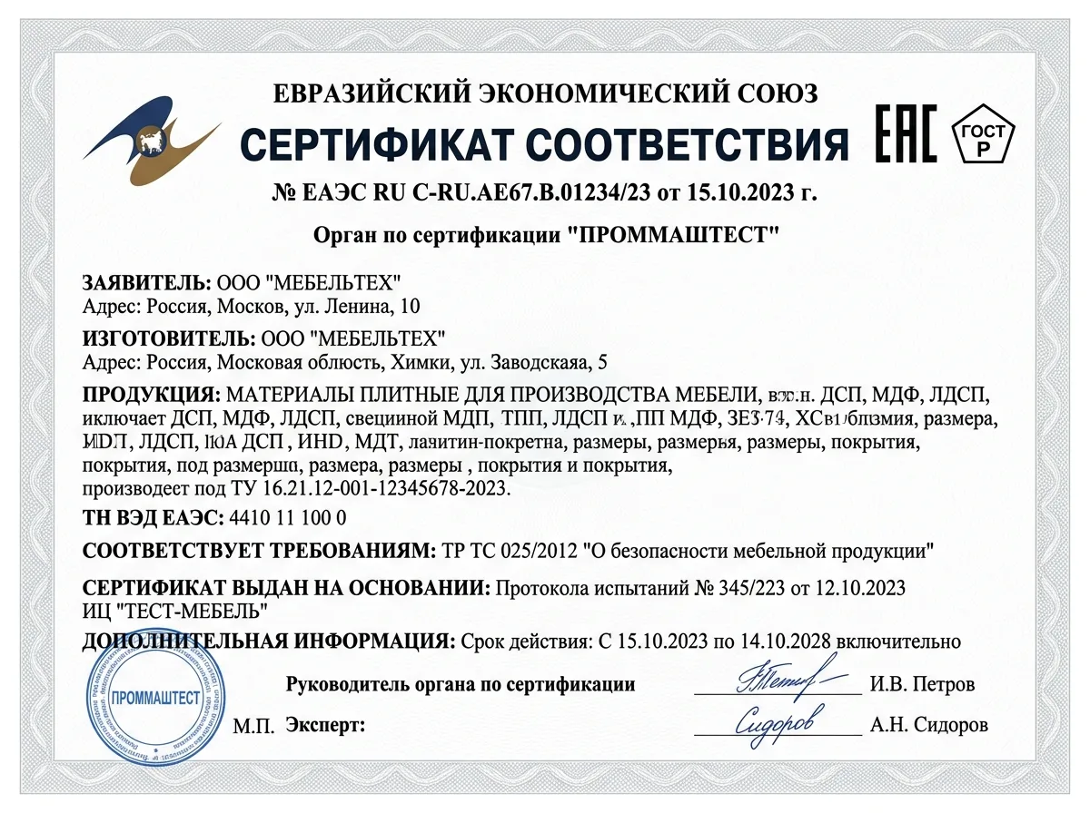 Сертификат соответствия ЕАС и ГОСТ на мебельные материалы — официальный документ, деловой стиль, белый фон