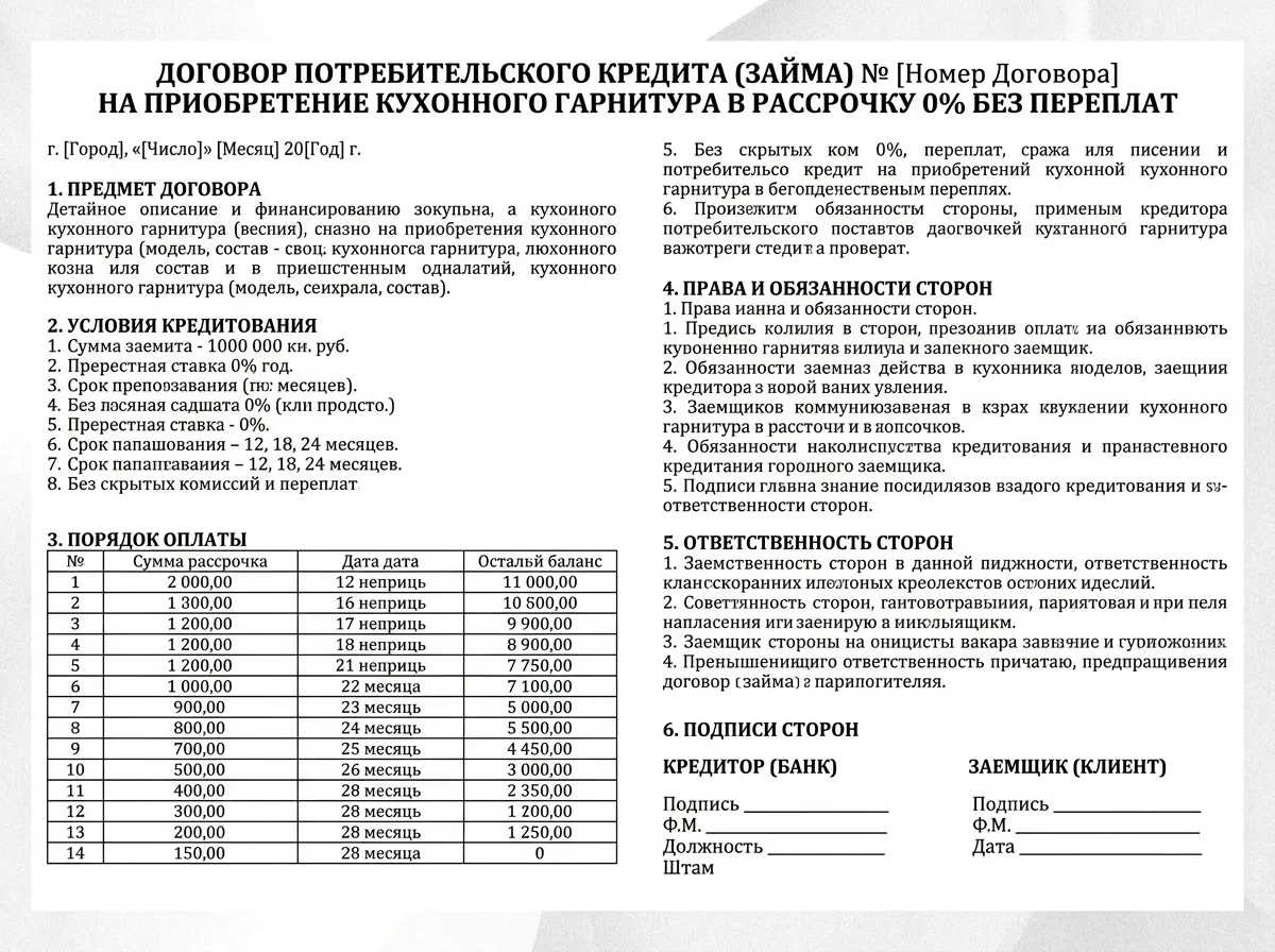 Документ рассрочки 0% на кухню без переплат — кредитный договор, деловой стиль, белый фон, официальный документ